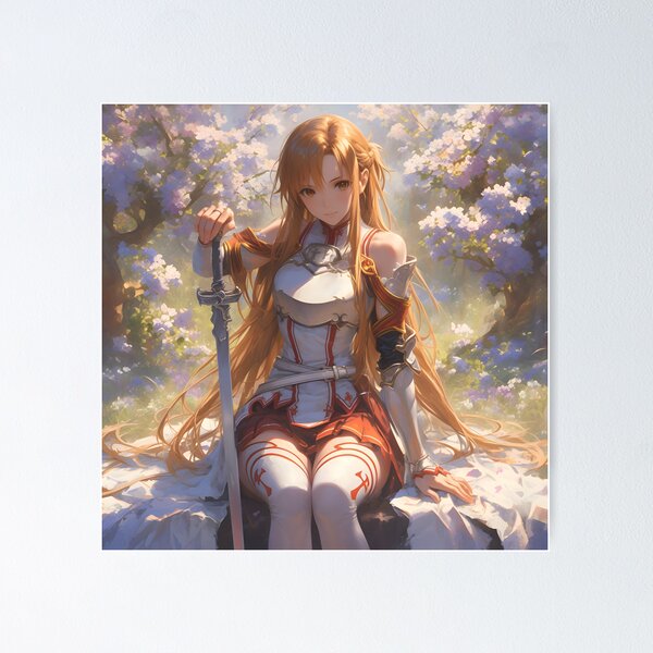 Item preview, Asuna SAO Cute Anime Girl With a Sword Sitting on a Bench Surrounded by Flowers – Oil Painting Style designed and sold by DGitaldreamgirl.