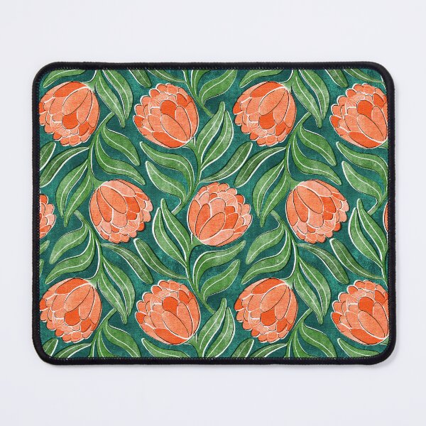 Item preview, Coral Orange Proteas on Green Multidirectional Block Print Pattern designed and sold by micklyn.