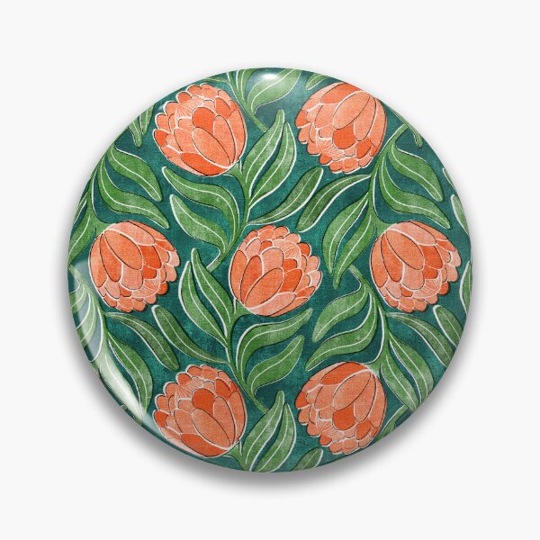Item preview, Coral Orange Proteas on Green Multidirectional Block Print Pattern designed and sold by micklyn.