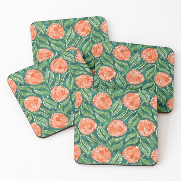 Item preview, Coral Orange Proteas on Green Multidirectional Block Print Pattern designed and sold by micklyn.