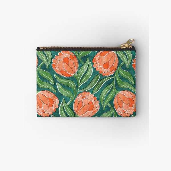 Item preview, Coral Orange Proteas on Green Multidirectional Block Print Pattern designed and sold by micklyn.