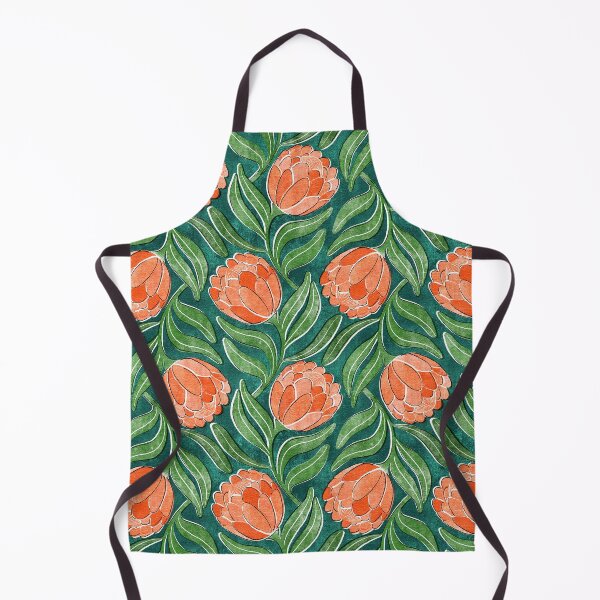 Item preview, Coral Orange Proteas on Green Multidirectional Block Print Pattern designed and sold by micklyn.