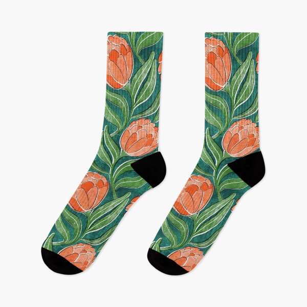 Item preview, Coral Orange Proteas on Green Multidirectional Block Print Pattern designed and sold by micklyn.