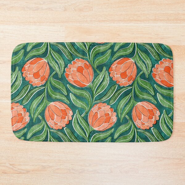 Item preview, Coral Orange Proteas on Green Multidirectional Block Print Pattern designed and sold by micklyn.