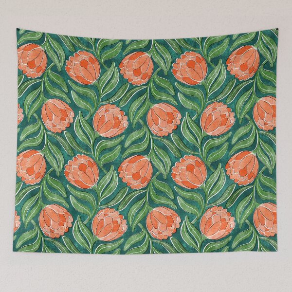 Item preview, Coral Orange Proteas on Green Multidirectional Block Print Pattern designed and sold by micklyn.
