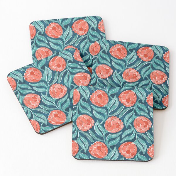 Item preview, Coral Red Proteas on Blue Multidirectional Block Print Pattern designed and sold by micklyn.