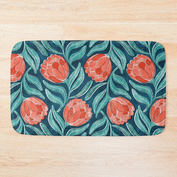 Item preview, Coral Red Proteas on Blue Multidirectional Block Print Pattern designed and sold by micklyn.