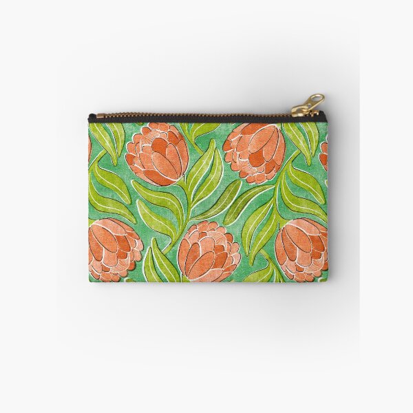 Item preview, Coral Proteas on Vivid Green Multidirectional Block Print Pattern designed and sold by micklyn.