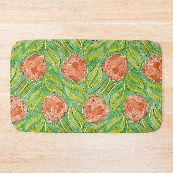 Item preview, Coral Proteas on Vivid Green Multidirectional Block Print Pattern designed and sold by micklyn.