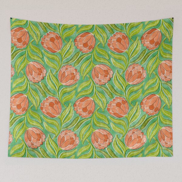 Item preview, Coral Proteas on Vivid Green Multidirectional Block Print Pattern designed and sold by micklyn.