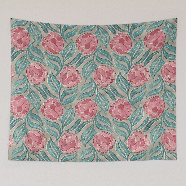 Item preview, Muted Pink Proteas on Warm Grey Multidirectional Block Print Pattern designed and sold by micklyn.