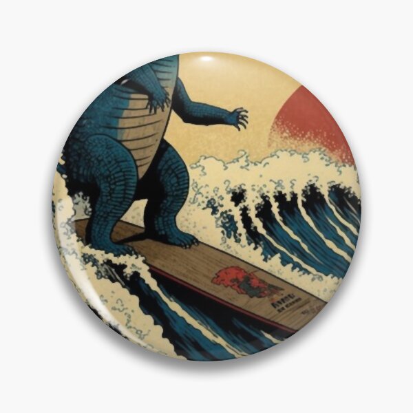 Item preview, Godzilla Surfing The Great Wave by Hokusai Funny Parody designed and sold by ShakethaRobin.