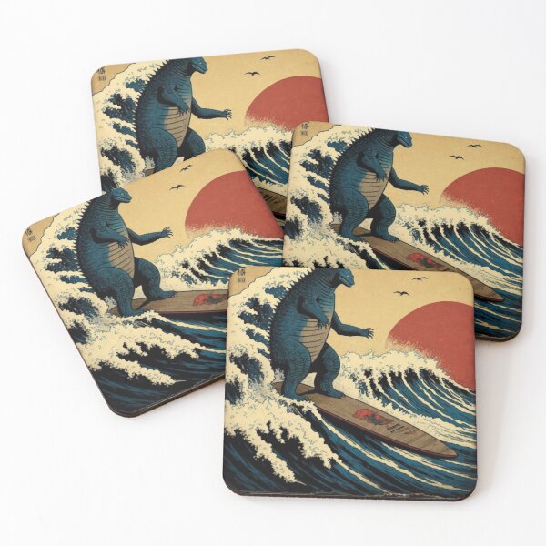Item preview, Godzilla Surfing The Great Wave by Hokusai Funny Parody designed and sold by ShakethaRobin.