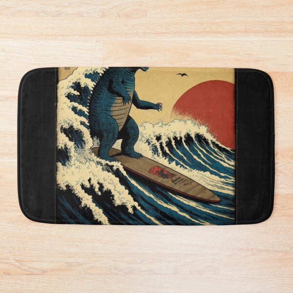 Item preview, Godzilla Surfing The Great Wave by Hokusai Funny Parody designed and sold by ShakethaRobin.