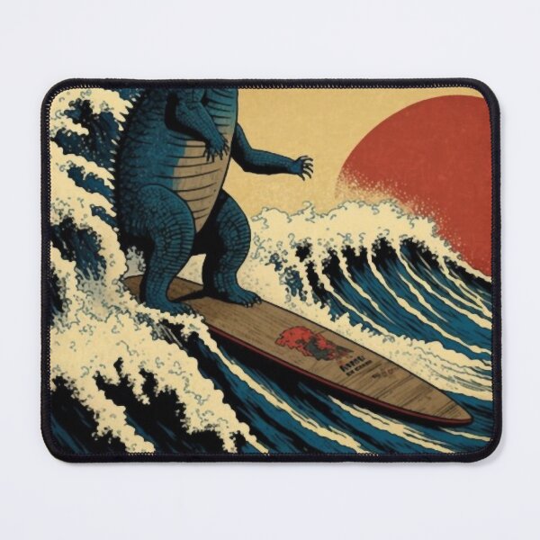 Item preview, Godzilla Surfing The Great Wave by Hokusai Funny Parody designed and sold by ShakethaRobin.