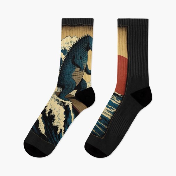 Item preview, Godzilla Surfing The Great Wave by Hokusai Funny Parody designed and sold by ShakethaRobin.