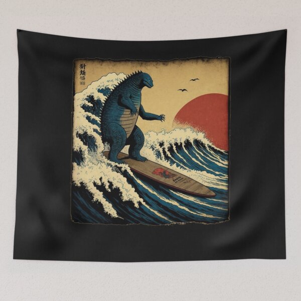 Item preview, Godzilla Surfing The Great Wave by Hokusai Funny Parody designed and sold by ShakethaRobin.