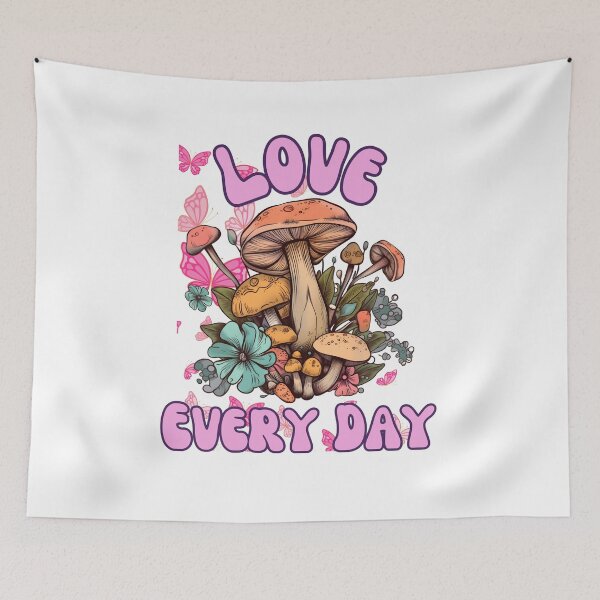 Item preview, Colorful Retro Mushroom and Butterfly Illustration - Love Every Day designed and sold by 1000Mushrooms.