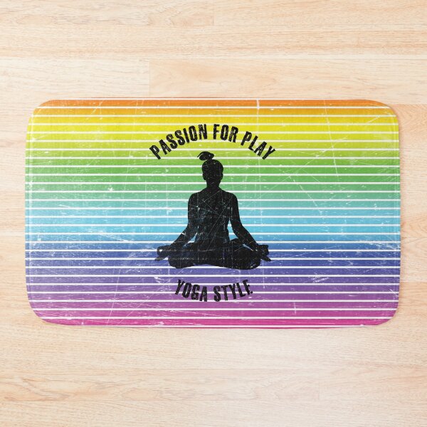 Item preview, Black silhouette of a woman in yoga lotus pose against the background of rainbow stripes designed and sold by HarridanCreates.