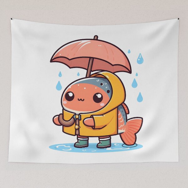 Item preview, Kawaii Salmon With A Raincoat Holding An Umbrella designed and sold by CanvasCutie.