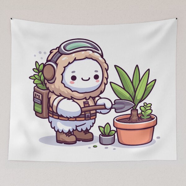 Item preview, Kawaii Yeti Tracker Gardening With Potted Plant designed and sold by CanvasCutie.