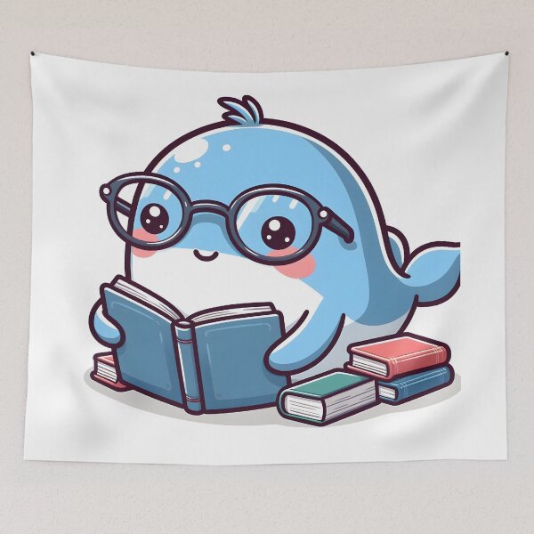 Item preview, Kawaii Whale Reading A Book Wearing Glasses designed and sold by CanvasCutie.