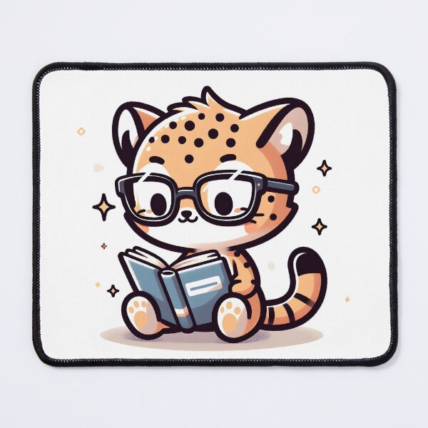 Artikelvorschau, Kawaii-Gepard trägt eine Lesebrille und liest ein Buch entworfen und verkauft von CanvasCutie.