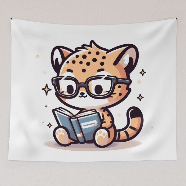 Artikelvorschau, Kawaii-Gepard trägt eine Lesebrille und liest ein Buch entworfen und verkauft von CanvasCutie.