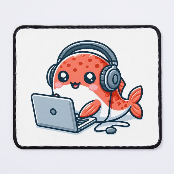 Item preview, Kawaii Salmon With Headphones Using A Laptop designed and sold by CanvasCutie.