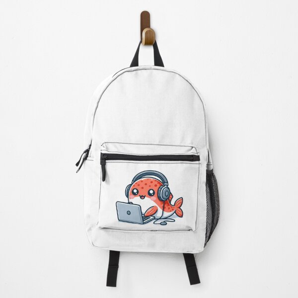 Item preview, Kawaii Salmon With Headphones Using A Laptop designed and sold by CanvasCutie.
