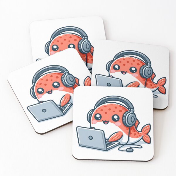 Item preview, Kawaii Salmon With Headphones Using A Laptop designed and sold by CanvasCutie.