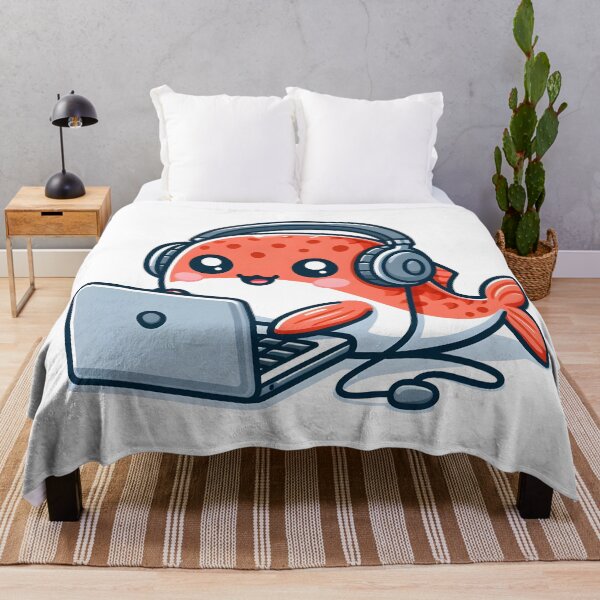 Item preview, Kawaii Salmon With Headphones Using A Laptop designed and sold by CanvasCutie.
