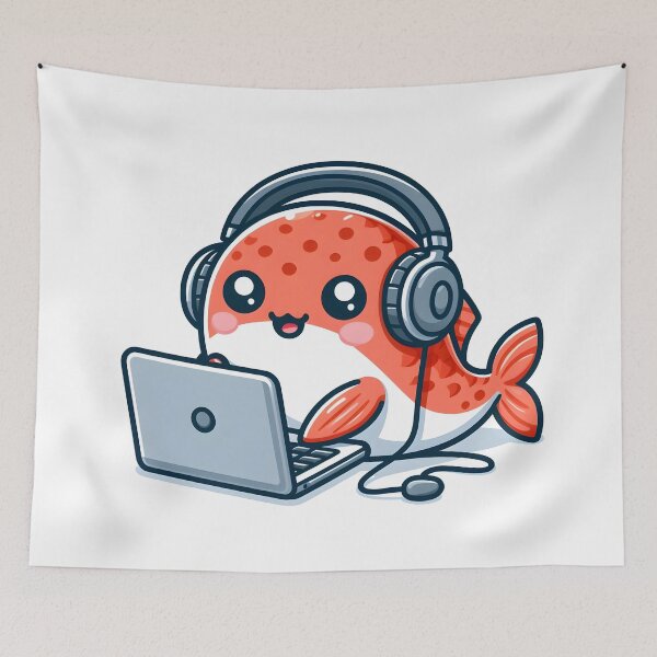 Item preview, Kawaii Salmon With Headphones Using A Laptop designed and sold by CanvasCutie.