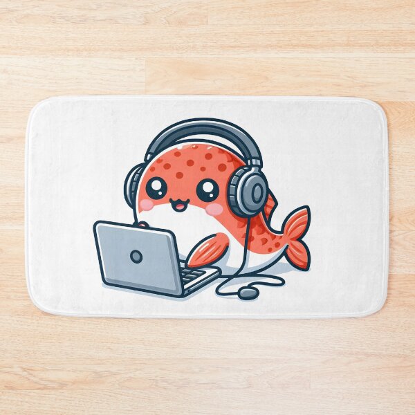 Item preview, Kawaii Salmon With Headphones Using A Laptop designed and sold by CanvasCutie.