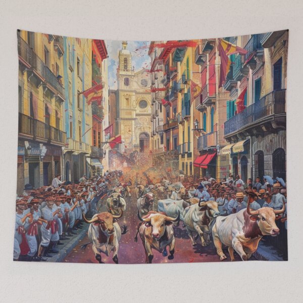Aperçu de l'œuvre Course de taureaux à la Fête de San Fermín créée et vendue par Bring Back Culture.