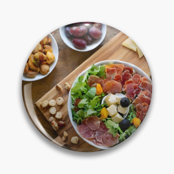 Item preview, Overhead view of a chopping board with cold meats, cheese, salad. designed and sold by coffeeflavour.