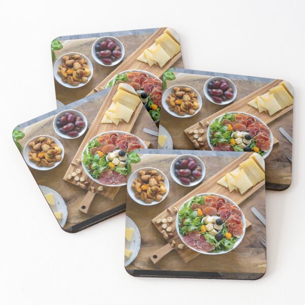 Item preview, Overhead view of a chopping board with cold meats, cheese, salad. designed and sold by coffeeflavour.