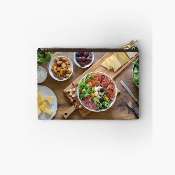Item preview, Overhead view of a chopping board with cold meats, cheese, salad. designed and sold by coffeeflavour.