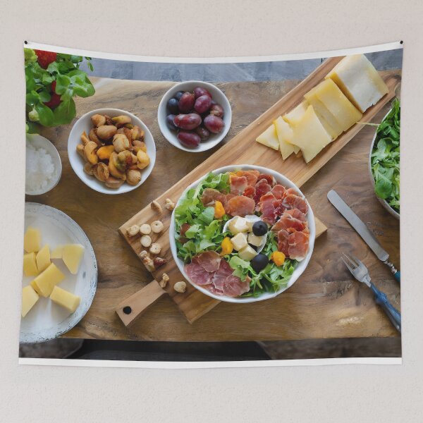 Item preview, Overhead view of a chopping board with cold meats, cheese, salad. designed and sold by coffeeflavour.
