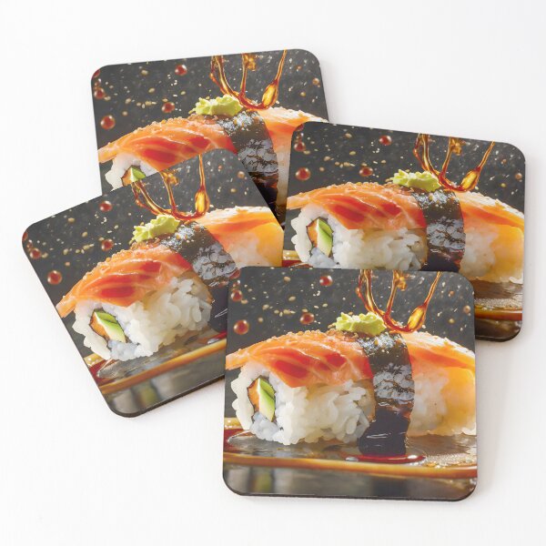 Item preview, Splash of sauce falling over a sushi. Dark background. designed and sold by coffeeflavour.