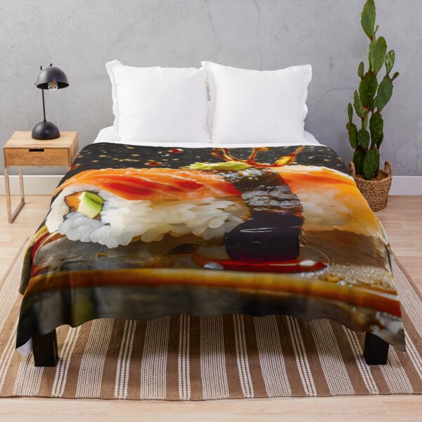 Item preview, Splash of sauce falling over a sushi. Dark background. designed and sold by coffeeflavour.