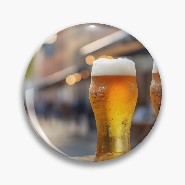 Item preview, Close up of two cold pints of beer with foam. A street in the background. designed and sold by coffeeflavour.
