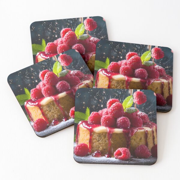 Item preview, Some raspberries are falling on a delicious cake. Dark background. designed and sold by coffeeflavour.