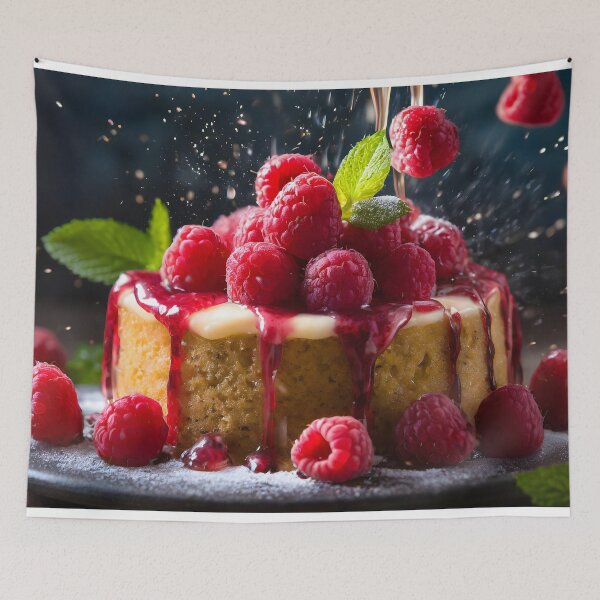 Item preview, Some raspberries are falling on a delicious cake. Dark background. designed and sold by coffeeflavour.