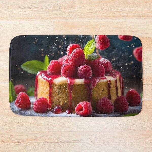 Item preview, Some raspberries are falling on a delicious cake. Dark background. designed and sold by coffeeflavour.