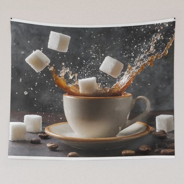 Item preview, Splash of sugar cubes in a cup of coffee. Dark background. designed and sold by coffeeflavour.