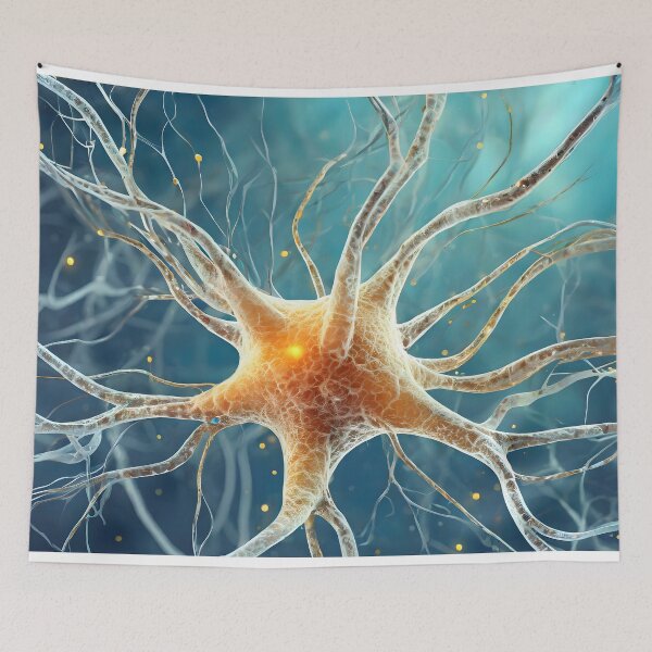 Item preview, Close-up of a neuron on a blue background. designed and sold by coffeeflavour.