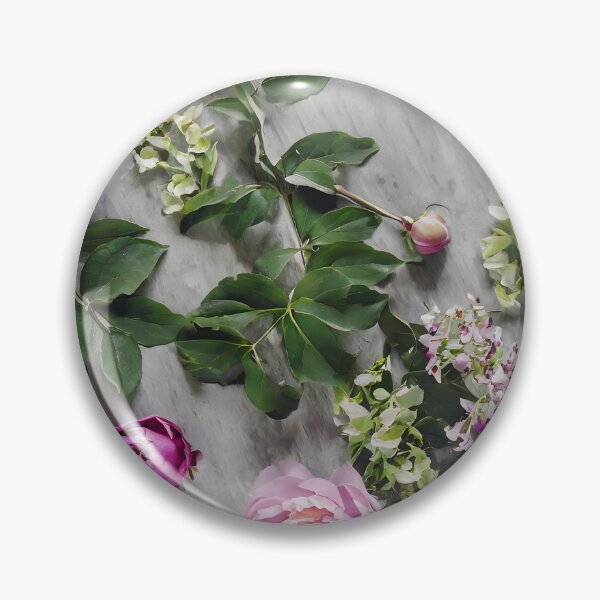 Item preview, Overhead view of a table with peonies, wisteria and green leaves. designed and sold by coffeeflavour.