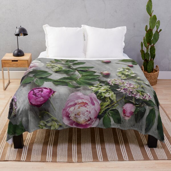 Item preview, Overhead view of a table with peonies, wisteria and green leaves. designed and sold by coffeeflavour.