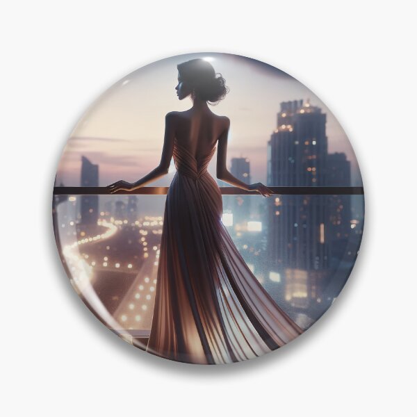 Item preview, Woman in an elegant, flowing evening gown standing on a balcony overlooking a city skyline at twilight, with soft lights and a gentle breeze designed and sold by AndreaMart.